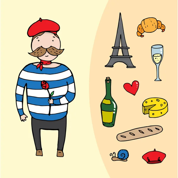 Homem francês com uma rosa e conjunto de elementos franceses —  Vetores de Stock