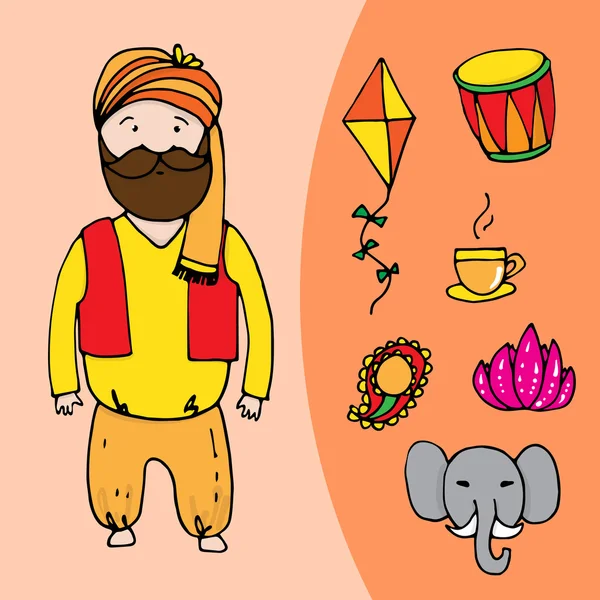 印度有胡子的人与印度元素集 — 图库矢量图片
