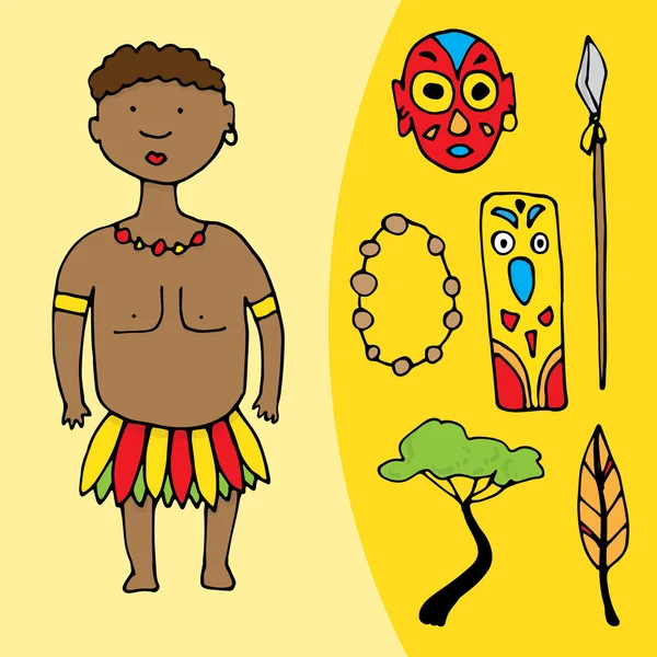 Hombre africano con un conjunto de diferentes elementos africanos — Vector de stock