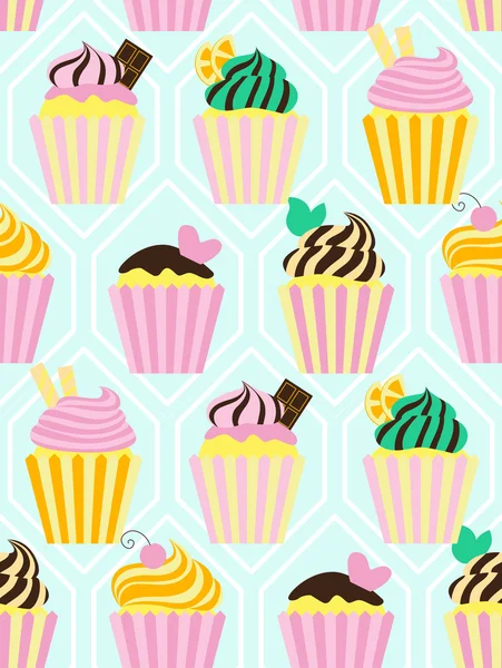 Nahtloses Muster mit verschiedenen süßen Cupcakes — Stockvektor