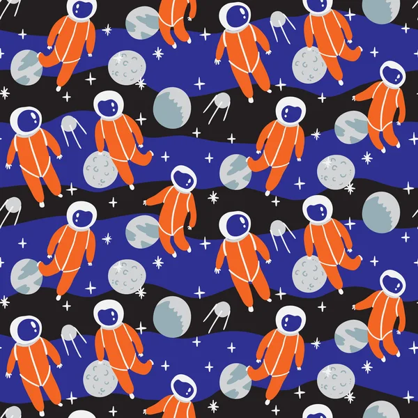 Seamless pattern with spacemen in the sky — Stock Vector