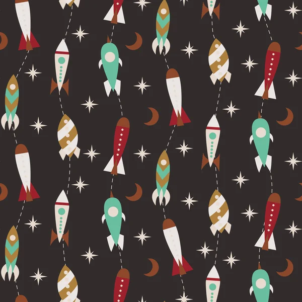 Seamless pattern with vintage rockets in space