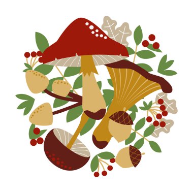 Mantar, çilek ve yapraklar