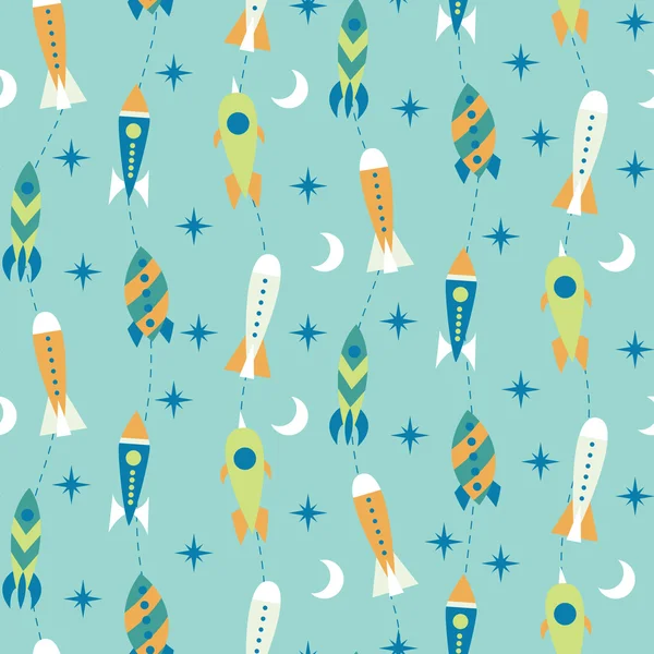Seamless pattern with vintage rockets in space