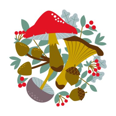 Mantar, çilek ve yapraklar