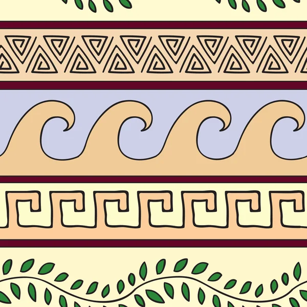 Ornement grec motif sans couture avec des feuilles, des triangles et des vagues . — Image vectorielle