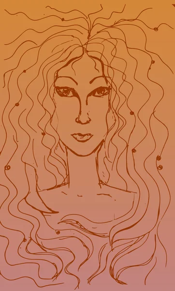 Uzun kıvırcık saçlı kadın taslağını. Vektör çizim. — Stok Vektör