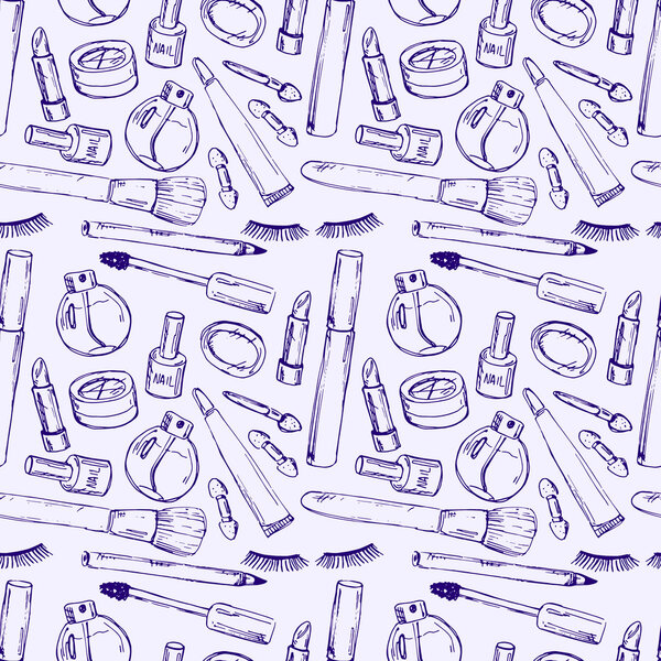 Set of various make up products in sketch style. Vector illustra