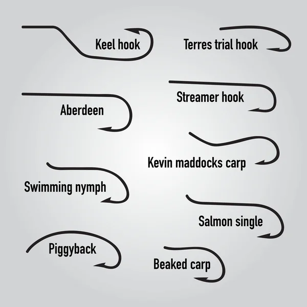 Различные виды рыболовных крючков. Векторная иллюстрация — стоковый вектор