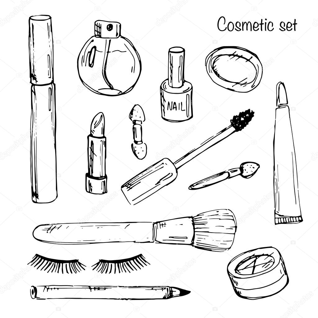 Set of various make up products in sketch style. Vector illustra
