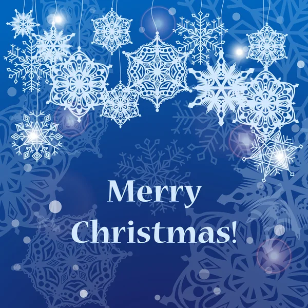 Hópelyhek és szöveg "boldog karácsonyt üdvözlőlap!" — Stock Vector