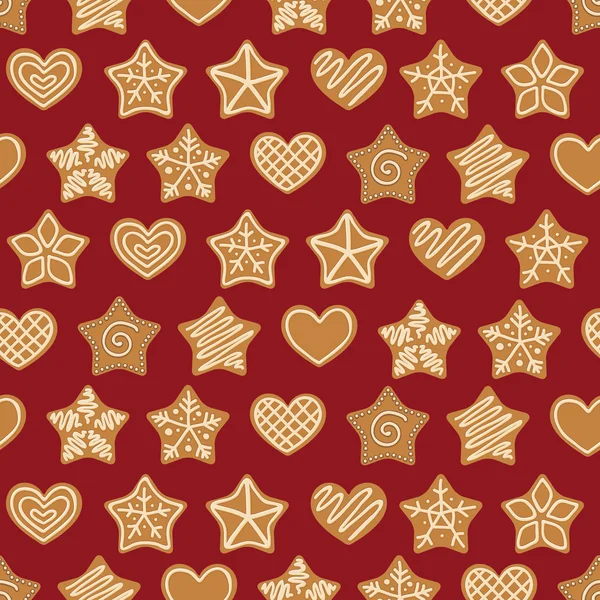 Seamless pattern with gingerbread trees, stars and hearts. — Stock Vector