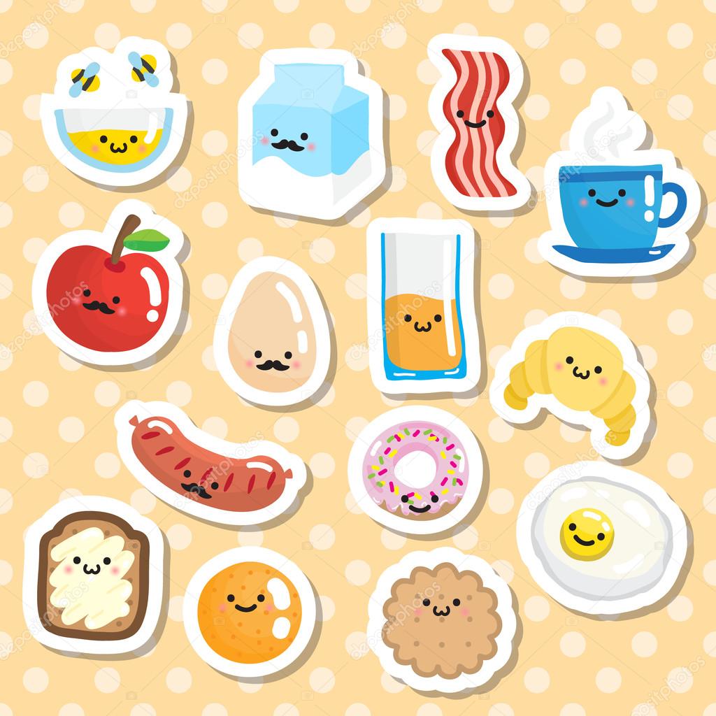 Set of stickers with smiling breakfast food