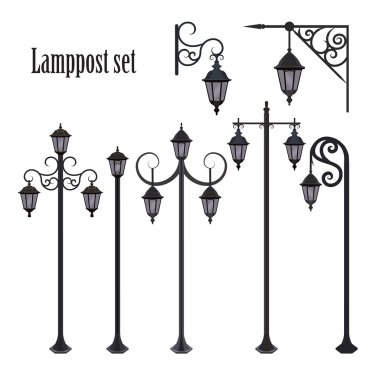 Farklı süslü lampposts kümesi.
