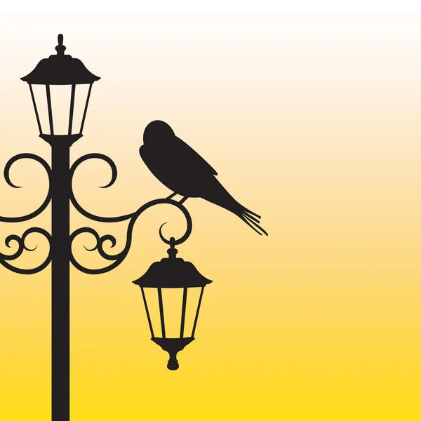 Silhouette d'oiseau assis sur le lampadaire — Image vectorielle