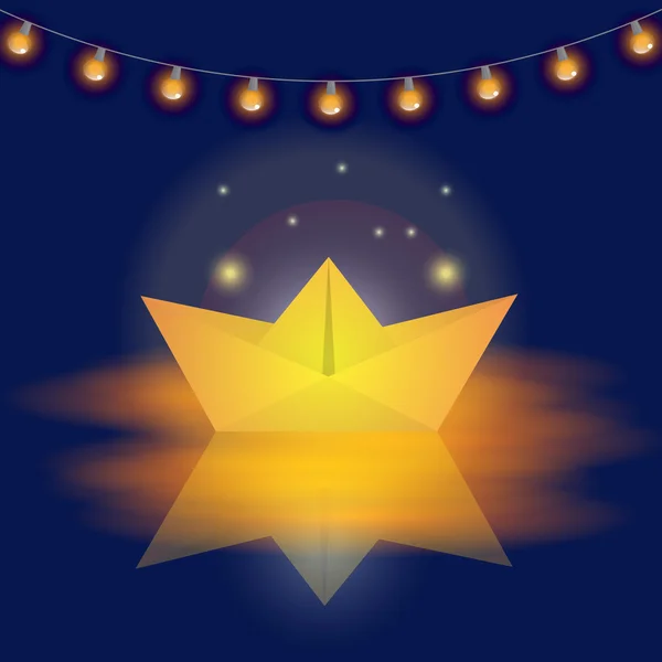 Shining paper boat on water with lights and garland. — Stock Vector