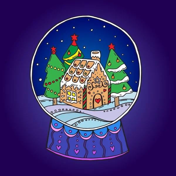 Bola de nieve con árboles de Navidad y casa de jengibre en el interior — Vector de stock