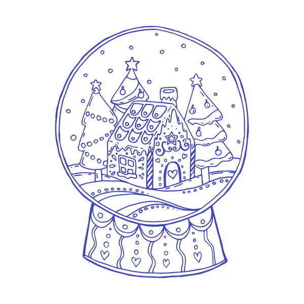 Bola de nieve con árboles de Navidad y casa de jengibre en el interior — Vector de stock