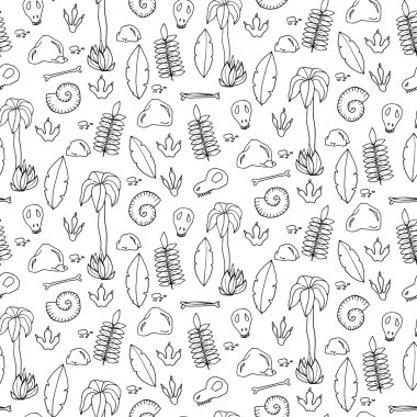 Seamless pattern with palms, leafs, sculls and rocks clipart