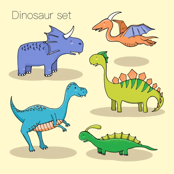 Conjunto de diferentes dinosaurios lindos, montes y huevos en dibujos animados s — Vector de stock