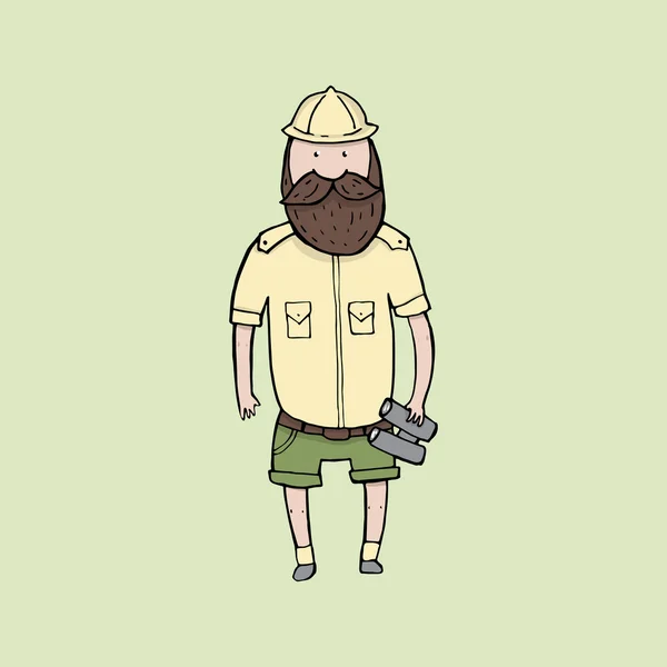 Esplorazione uomo barbuto con binocolo — Vettoriale Stock