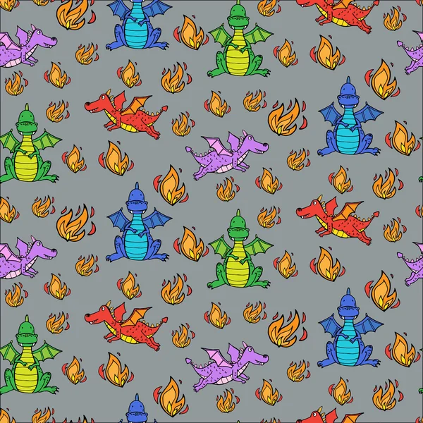 Modèle Semaless avec dragons mignons et le feu — Image vectorielle