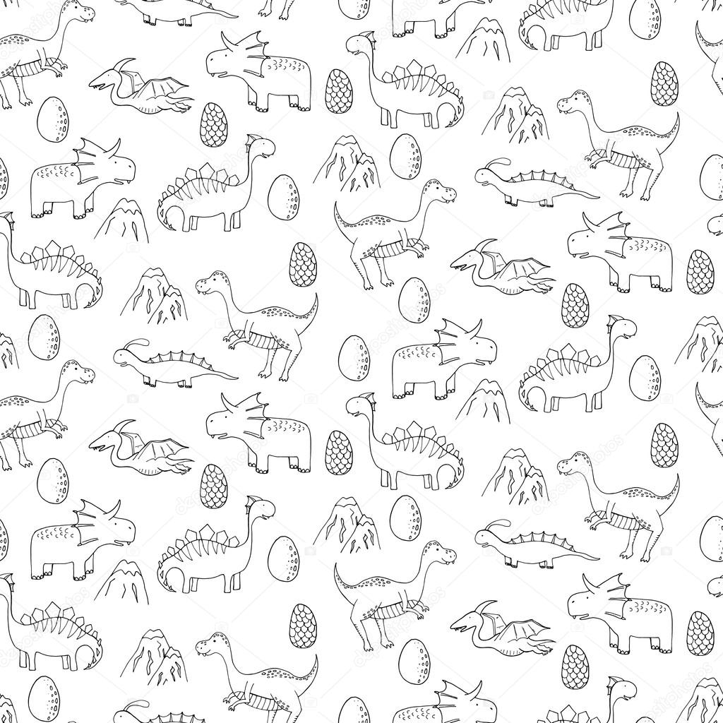 Seamless pattern with different cute dinosaurs, mountauns and eg