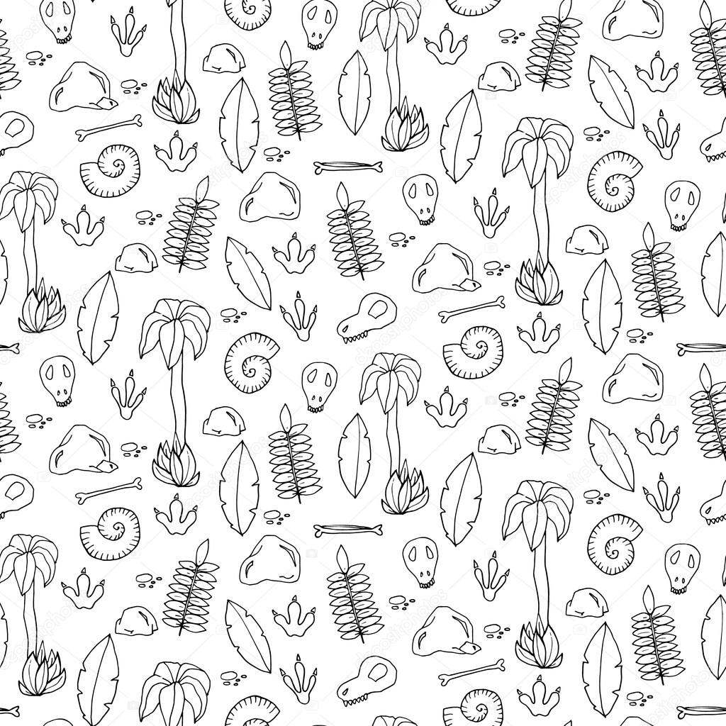 Seamless pattern with palms, leafs, sculls and rocks