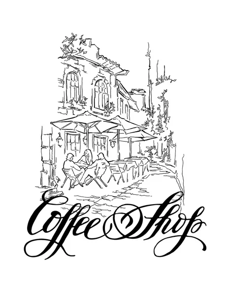 Croquis vectoriel de la vieille rue. Café Callighaphy inscription . — Image vectorielle