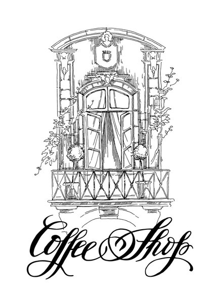 Vector sketch of old street. Coffee shop callighaphy inscription.