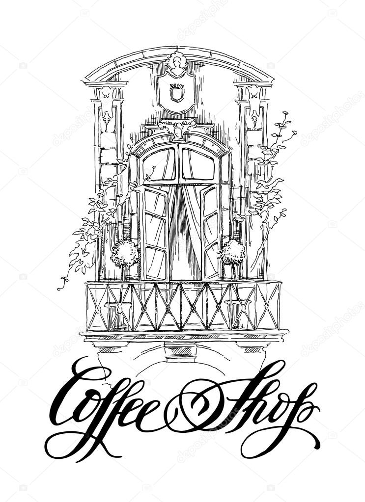 Vector sketch of old street. Coffee shop callighaphy inscription.