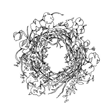 Çizilen illüstrasyon vektör ver. Çiçek arka plan. Çelenk, çiçekler, dalları.