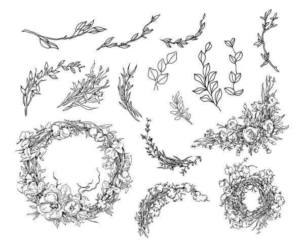Vector hand getekende illustratie. Florale achtergrond. Krans, bloemen, takken. — Stockvector