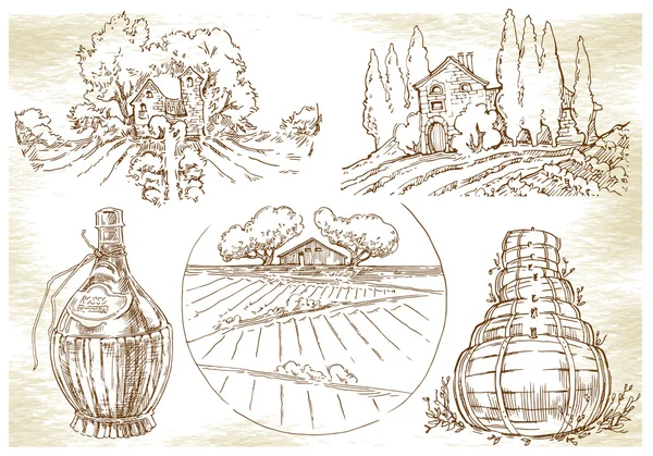Handgjorda skiss druva fält och vingårdar. — Stock vektor