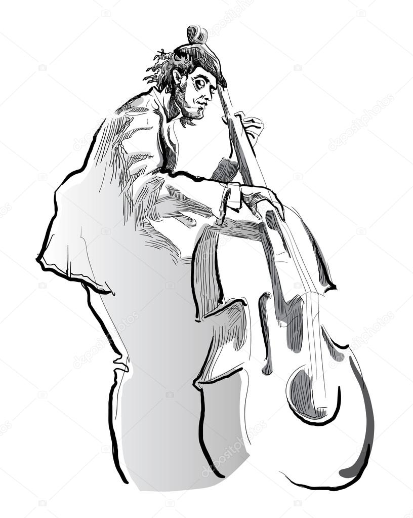  Man playing contrabass on white background. 