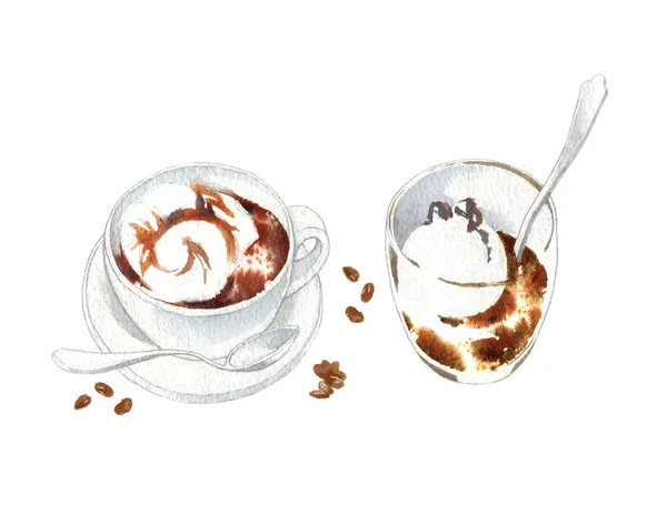 Koffie cups aquarel vector schets. — Stockvector