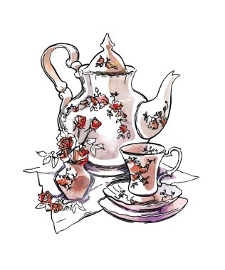 Çay setleri kroki yapılmış. Vektör çizim.