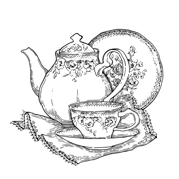 Esbozo hecho a mano de juegos de té. Ilustración vectorial . — Vector de stock