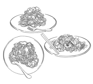 Spaghettii plaka vektör çizimi. Beyaz izole.