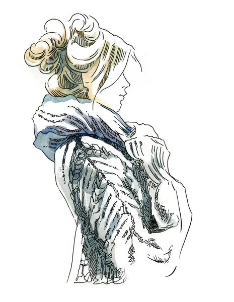 Σκίτσο του κοριτσιού που φοράει στο χειμωνιάτικα ρούχα. — Φωτογραφία Αρχείου