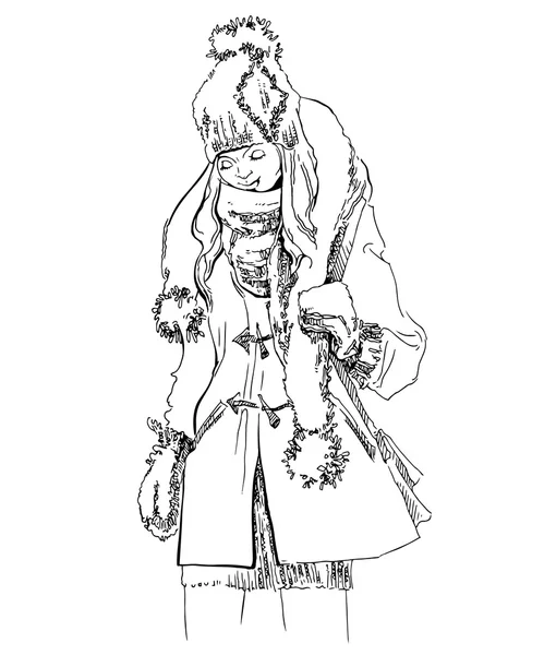 Σκίτσο του κοριτσιού που φοράει στο χειμωνιάτικα ρούχα. — Διανυσματικό Αρχείο
