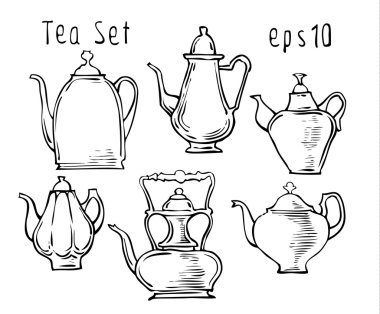 Çaydanlıklar, fincan ve komik tarzda yapılan yemekler kroki.