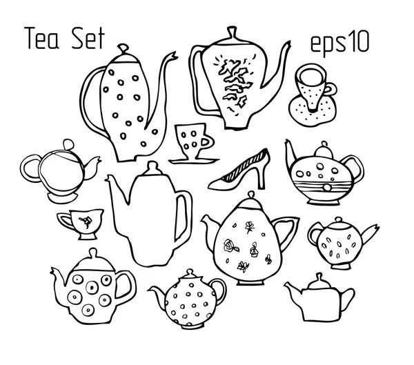 Эскиз чайников, чашки и блюда, приготовленные в смешном стиле . — стоковый вектор