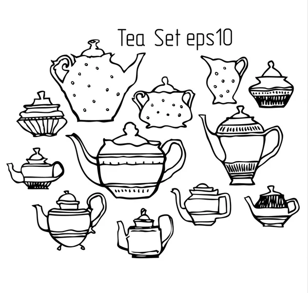 Sketch of teapots, cup and dishes made in funny style. — Stock Vector