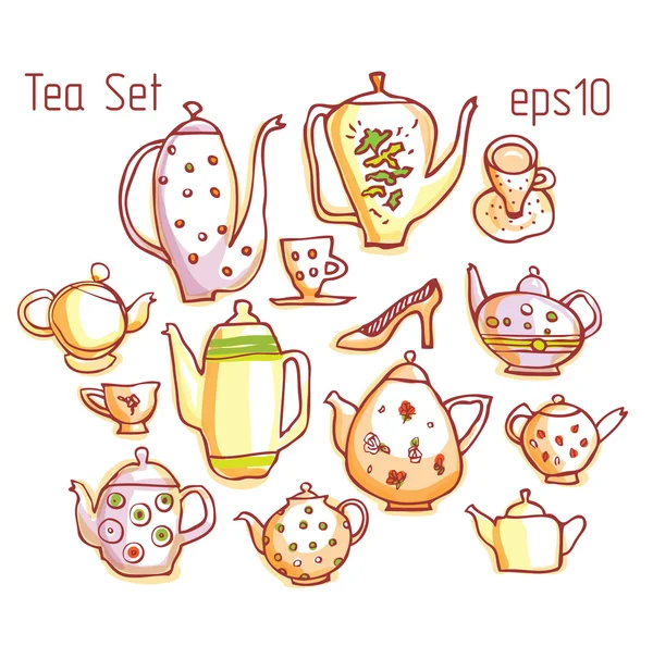 Sketch of teapots, cup and dishes made in funny style. — Stock Vector