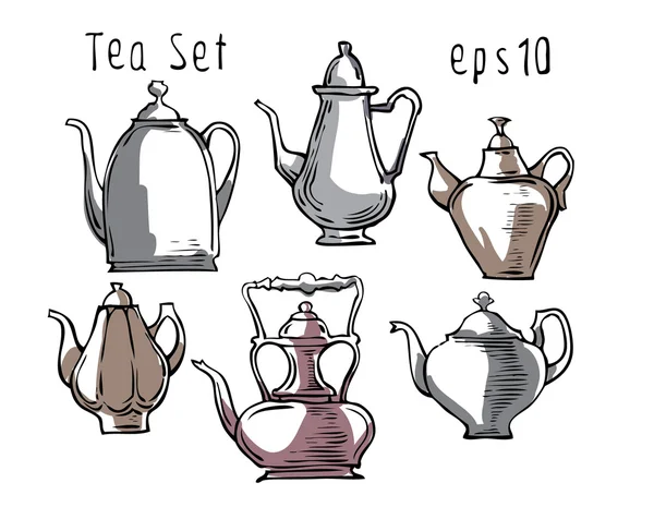 Skizze von Teekannen, Tassen und Geschirr im lustigen Stil. — Stockvektor