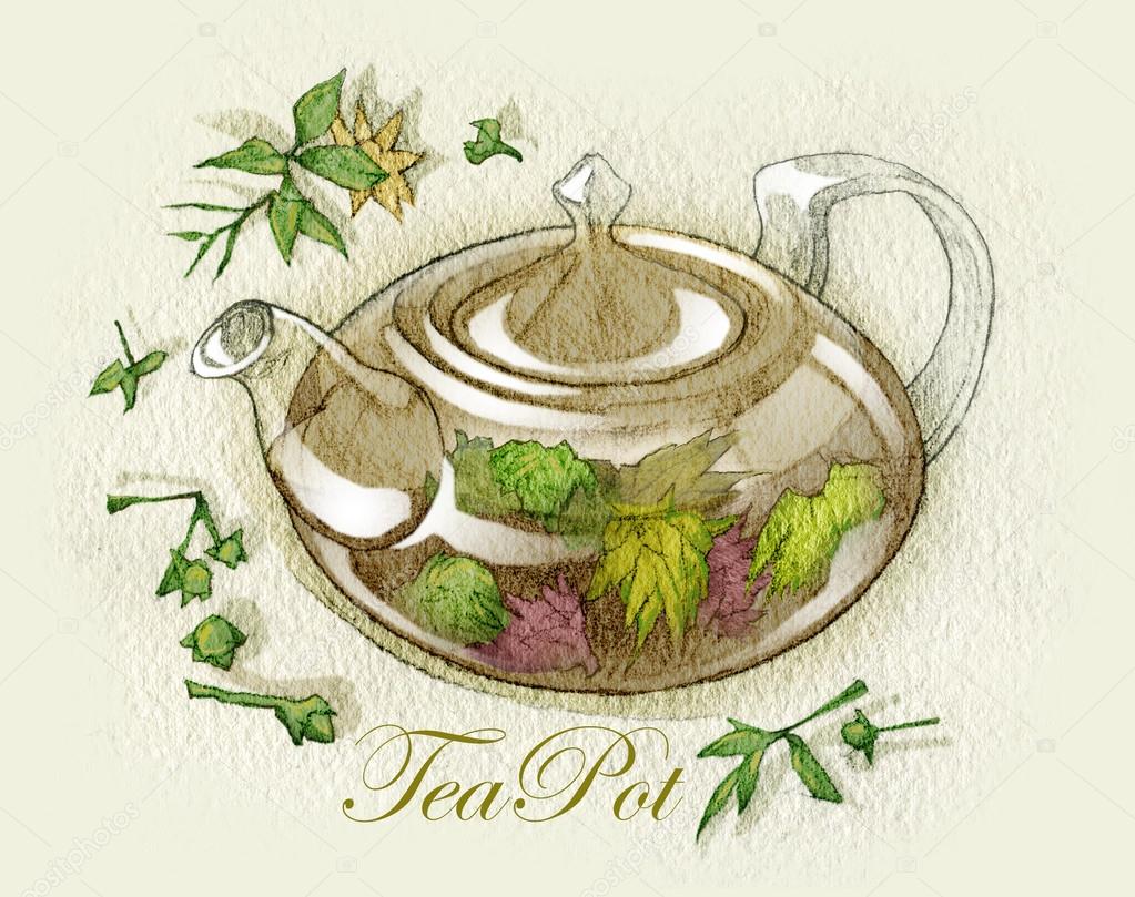 Sketch of tea cups and teapots. Fullsize raster artwork.
