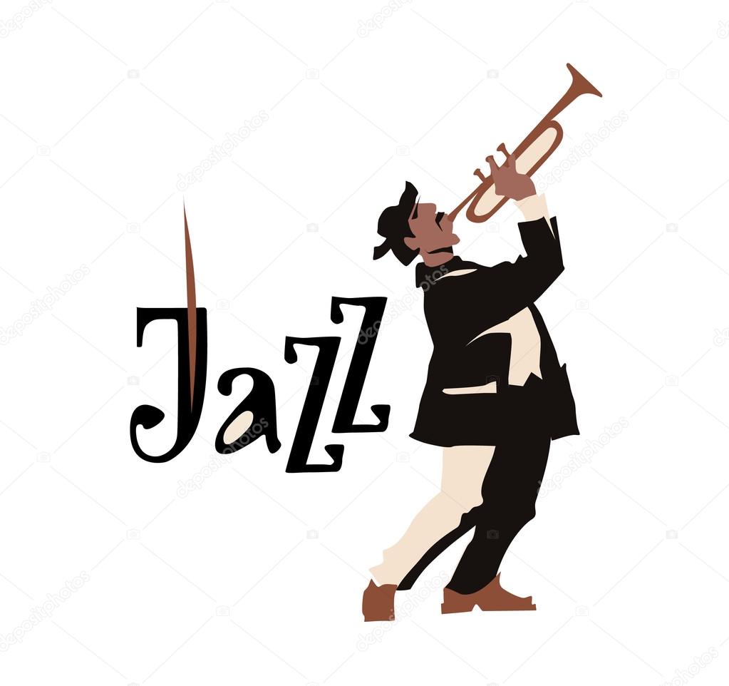 Man playng trumpet. Jazz inscription. Vector illustration.