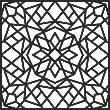 Siyah ve beyaz geometrik desenli vektör. Kare süsü. Binalar ve oda dekorasyonları için arabesk. Lazer ve çizer kesme, vitare ve kum püskürtme şablonu