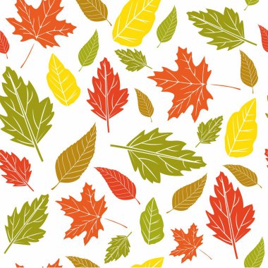 Beyaz arka planda sonbahar renkli yapraklar. Kumaş ve tekstil baskısı. Duvar kağıdı ve arkaplan için kusursuz desen